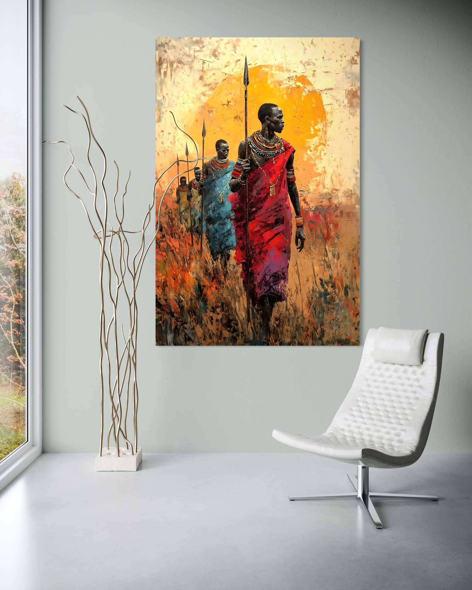 Colorful abstract painting of people in a room with a white chair and decorative plant.